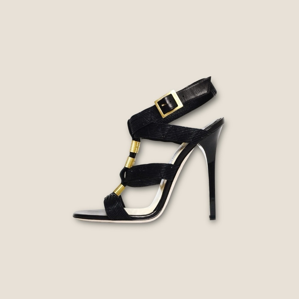 Jimmy Choo Black Waxed Leather ‘Serena’ Brass Hardware Gladiator Heels Size 8.5 - Picture 4 of 16